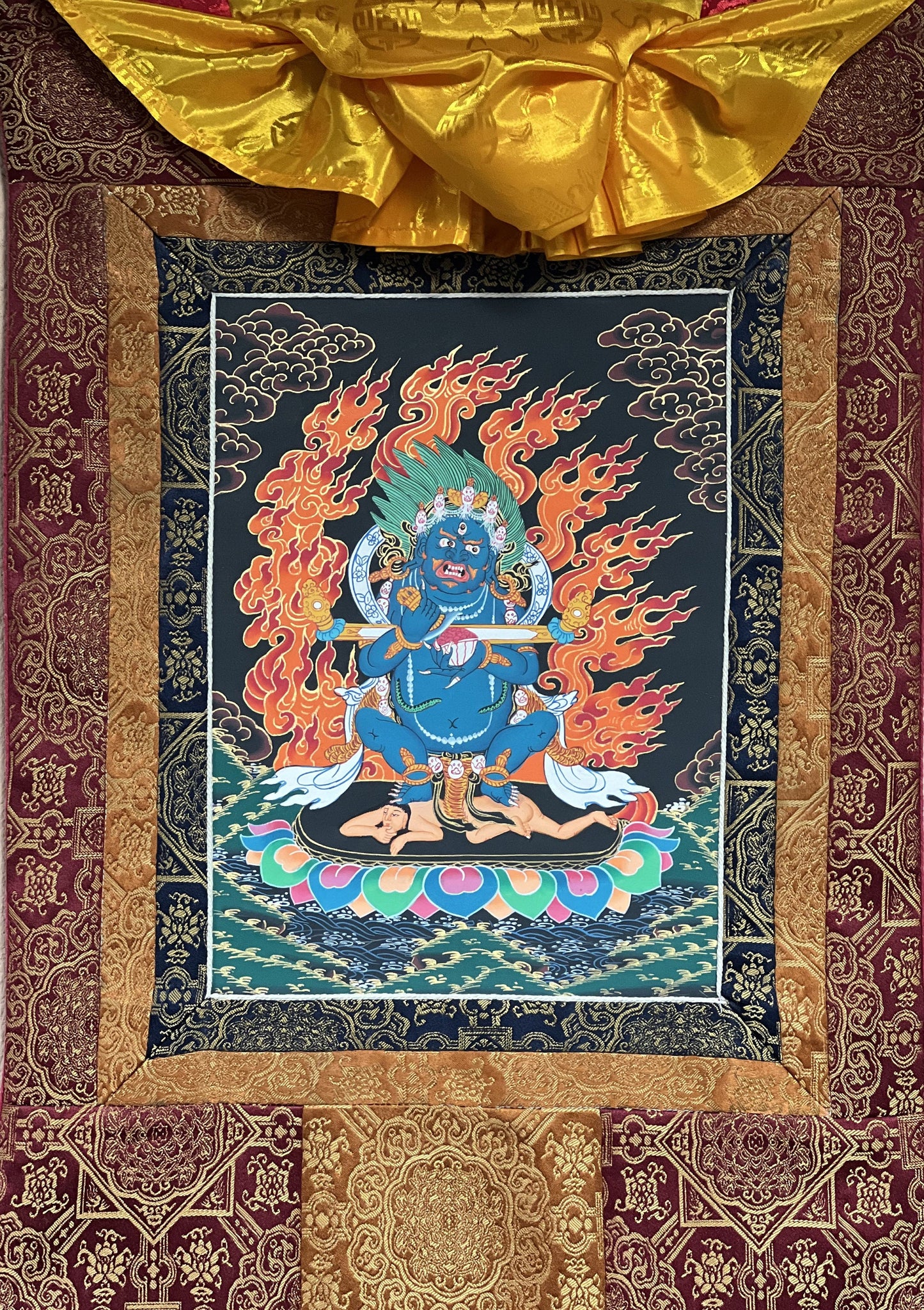 2 Armed Mahakala/ Mahankala / Kalavairava Masterpiece Tibetan Thangka Painting Original Art  with Silk Frame ( Brocade)