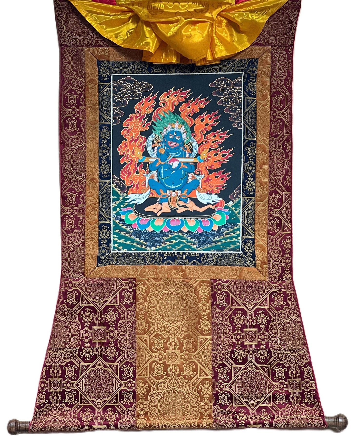 2 Armed Mahakala/ Mahankala / Kalavairava Masterpiece Tibetan Thangka Painting Original Art  with Silk Frame ( Brocade)