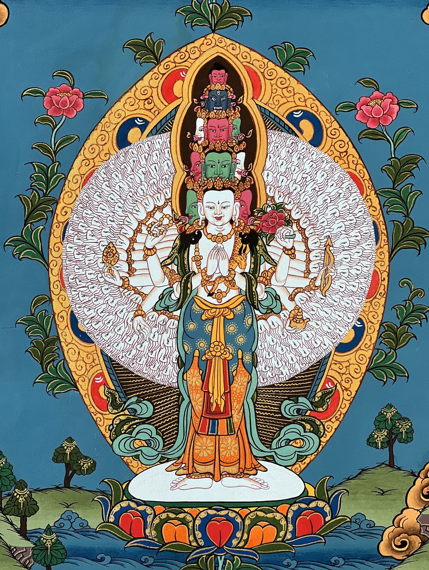 1,000-ARMED Bodhisattva Avalokitesvara/ Lokeshwor/ God of Compassion Original Tibetan Thangka Art/ Hand-Painting for Peace and Wellbeing