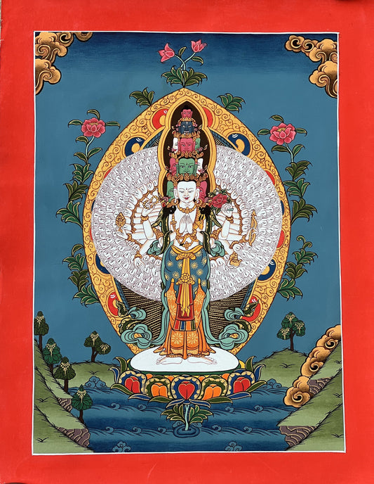 1,000-ARMED Bodhisattva Avalokitesvara/ Lokeshwor/ God of Compassion Original Tibetan Thangka Art/ Hand-Painting for Peace and Wellbeing