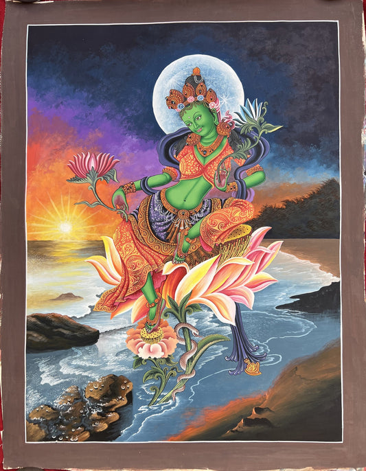 Green Tara/ Shyamatara Unique Masterpiece Newari Paubha/Pauva Thangka Painting Original Hand-Painting Newari Art