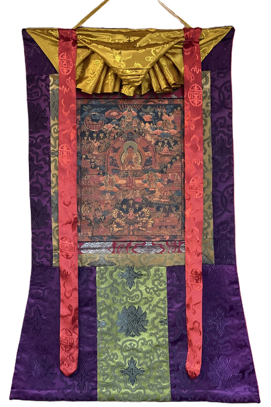 Buddha Life  Bhavachakra Mandala Old Oil Varnished Tibetan Thangka Painting, Original Art  with Silk Brocade