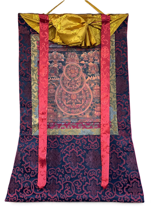 Buddha Life  Bhavachakra Mandala Old Oil Varnished Tibetan Thangka Painting, Original Art/ Hand Painting  with Silk Brocade