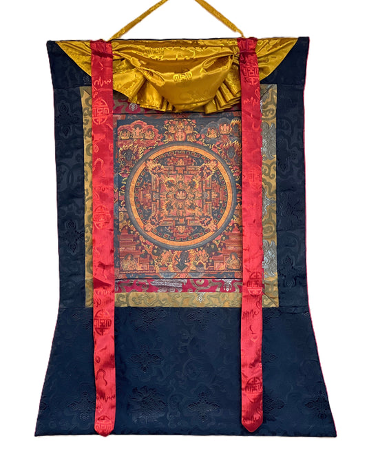 Buddha Life  AVALOKITESGVARA Mandala Old Oil Varnished Tibetan Thangka Painting, Original Art  with Silk Brocade