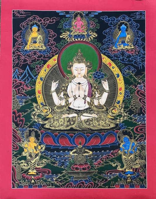 4 Armed, Chyangresi, Chenrezig, Avalokiteshvara, Master Quality, Tibetan Thangka Painting, Original Hand painted Art