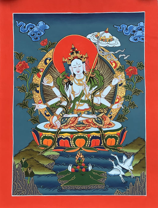 Sitatapatra/ Dukkar/ Lady of the White Umbrella - Goddess of Protection Masterpiece Original Tibetan Thangka Painting, Meditation Artistry