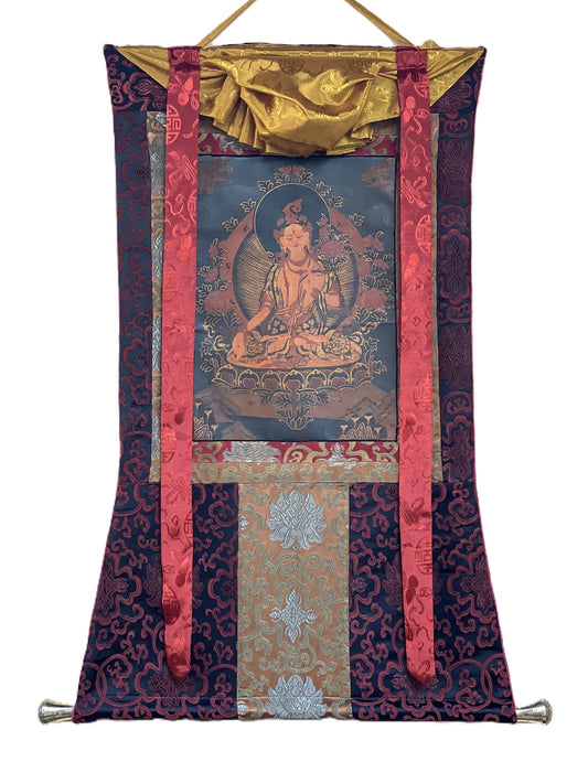 White Tara, Sitatara/ Mother Goddess Oil-Varnished Old Thangka Painting Original Art  with  Silk Brocade