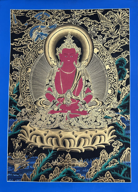 Amitayus/ Aparamita Original Master Quality Tibetan Thangka Painting - A Gateway to Pure Land Sukhavati/ Compassion Meditation Artistry