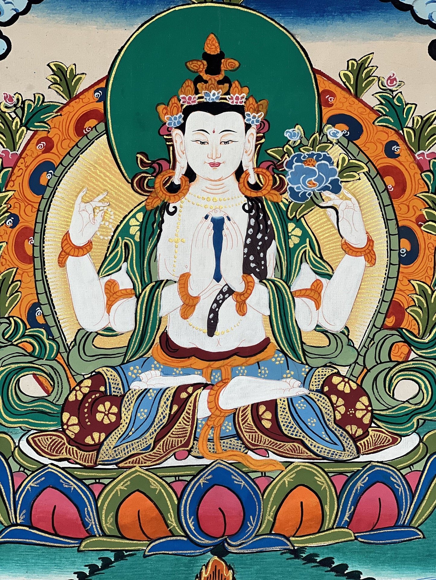 4 Armed Avalokiteshvara, Chyangresi, Chenrezig, Original Tibetan Thangka Painting/Hand Painting with Silk Brocade