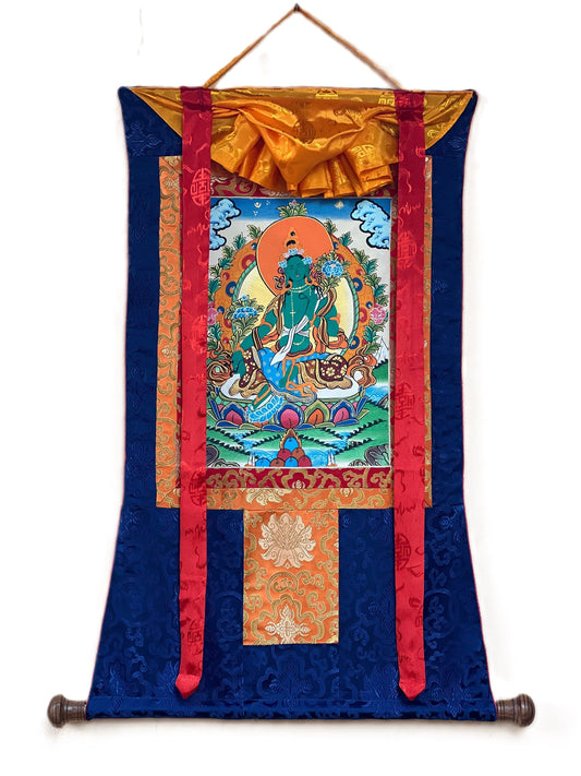 Green Tara/Shyamatara/ Mother Goddess Tibetan Thangka Painting Original Buddhist Art with Silk Brocade