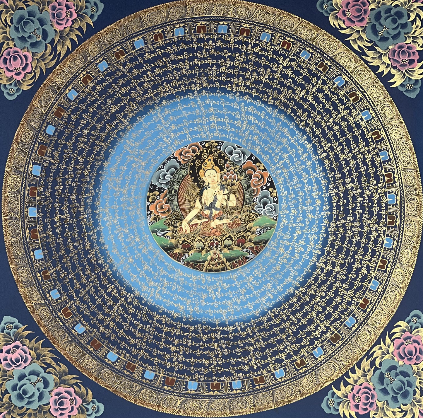 White Tara Om Mantra Mandala Tibetan Thangka Painting, Original Hand-Painted Art for Meditation, Healing, Home Decor
