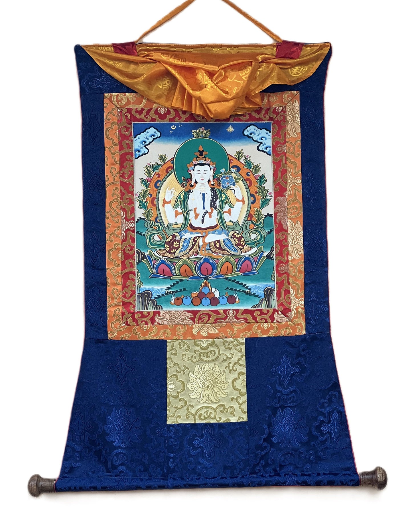 4 Armed Avalokiteshvara, Chyangresi, Chenrezig, Original Tibetan Thangka Painting/Hand Painting with Silk Brocade