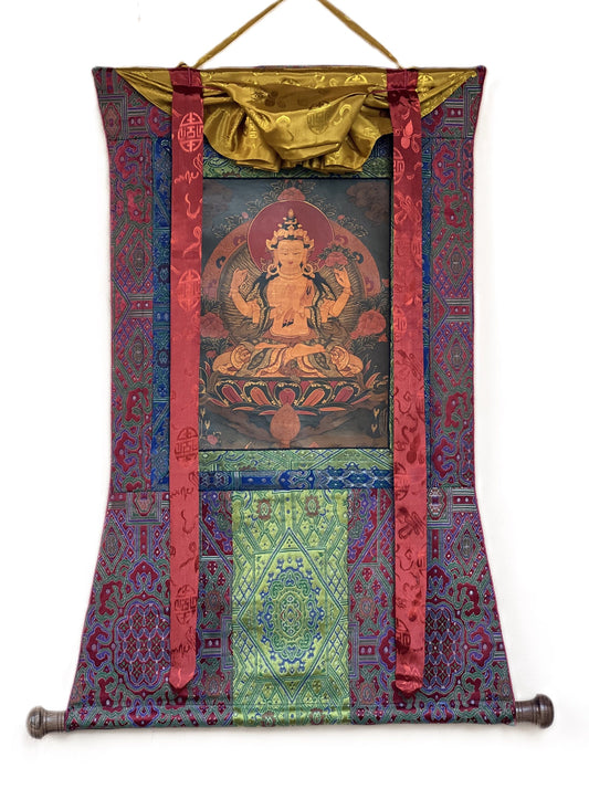 4-Armed Avalokiteshvara/Chenrezig Old- Oil Varnished Tibetan Thangka Painting/ Original hand-painted Buddhist art with Silk Brocade