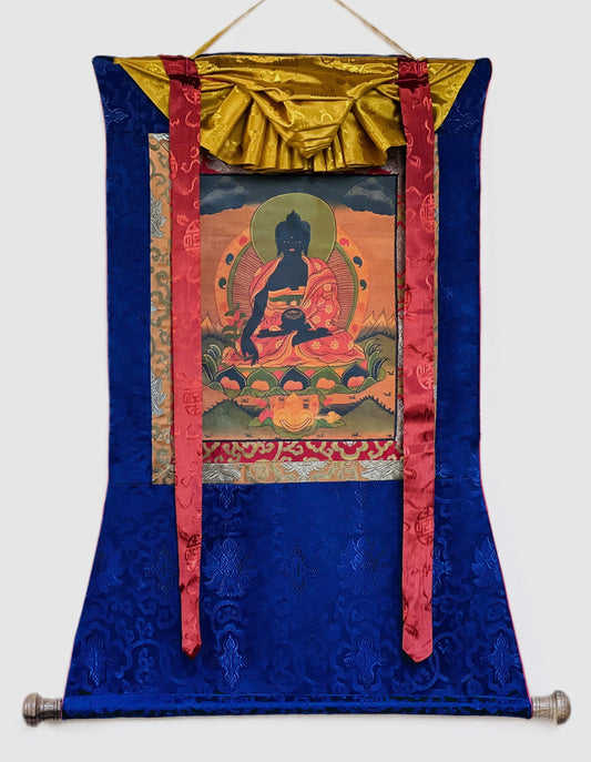 Bhaisajyaguru Medicine Buddha Oil- Varnished Old Tibetan Thangka Painting Original Art  with Silk Border
