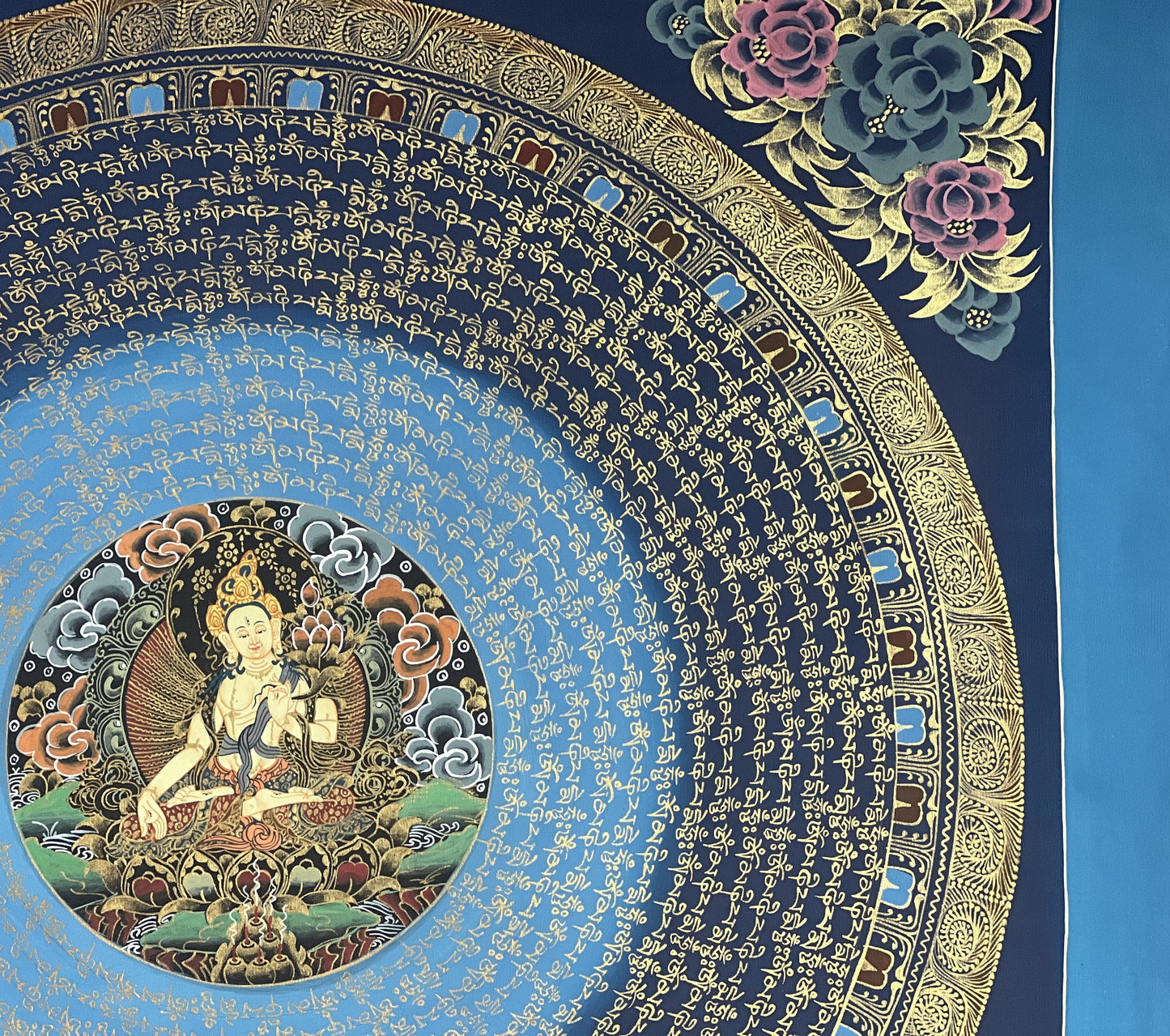 White Tara Om Mantra Mandala Tibetan Thangka Painting, Original Hand-Painted Art for Meditation, Healing, Home Decor