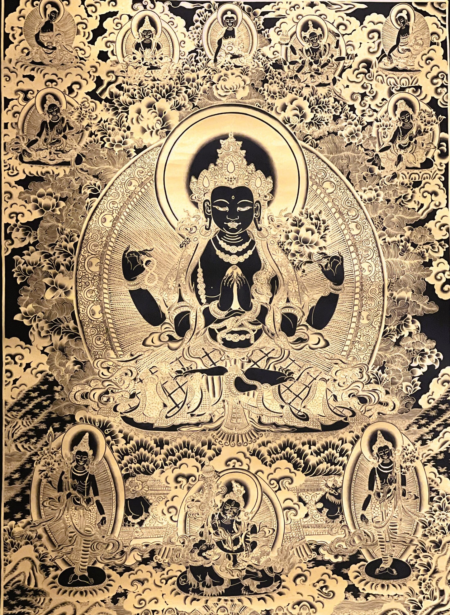 4 -Armed Chyangresi Chenrezig Avalokiteshvara Original Masterpiece Tibetan Thangka Painting Compassion Meditation Art in Black and Gold