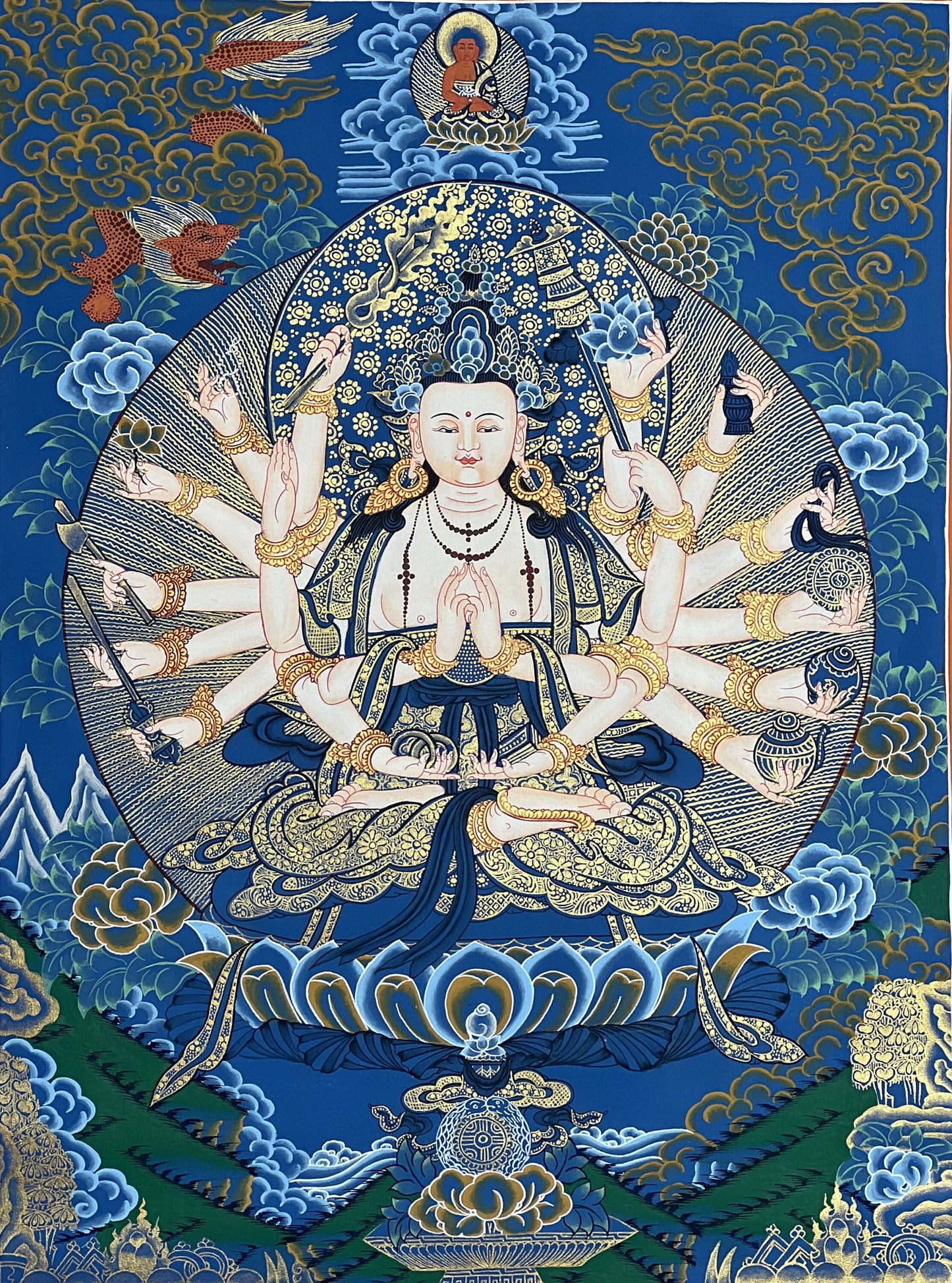18 Armed Mother Goddess Chandi/Chundi/Cundi Master Quality Tibetan Thangka Painting/ Original  Hand Painting /Meditation Art