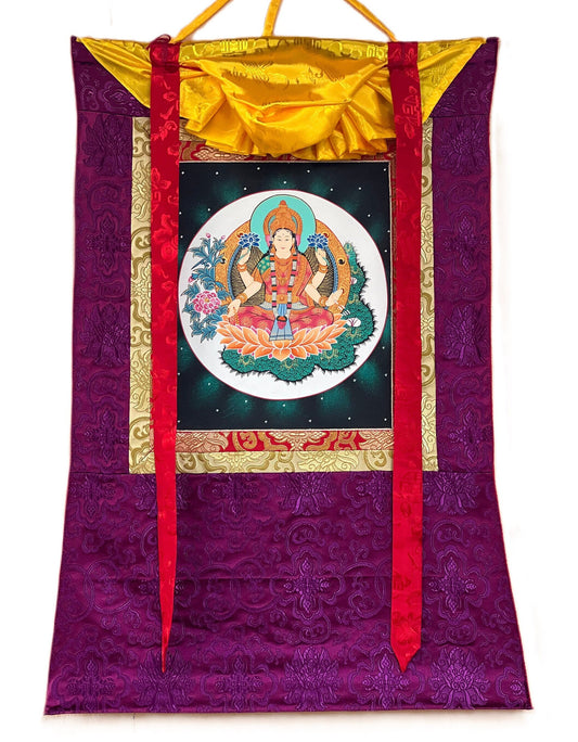 Goddess Laxmi, Asta Laxmi, Mahalaxmi, Thangka Painting, Original Hindu Buddhist Art, with Silk Frame