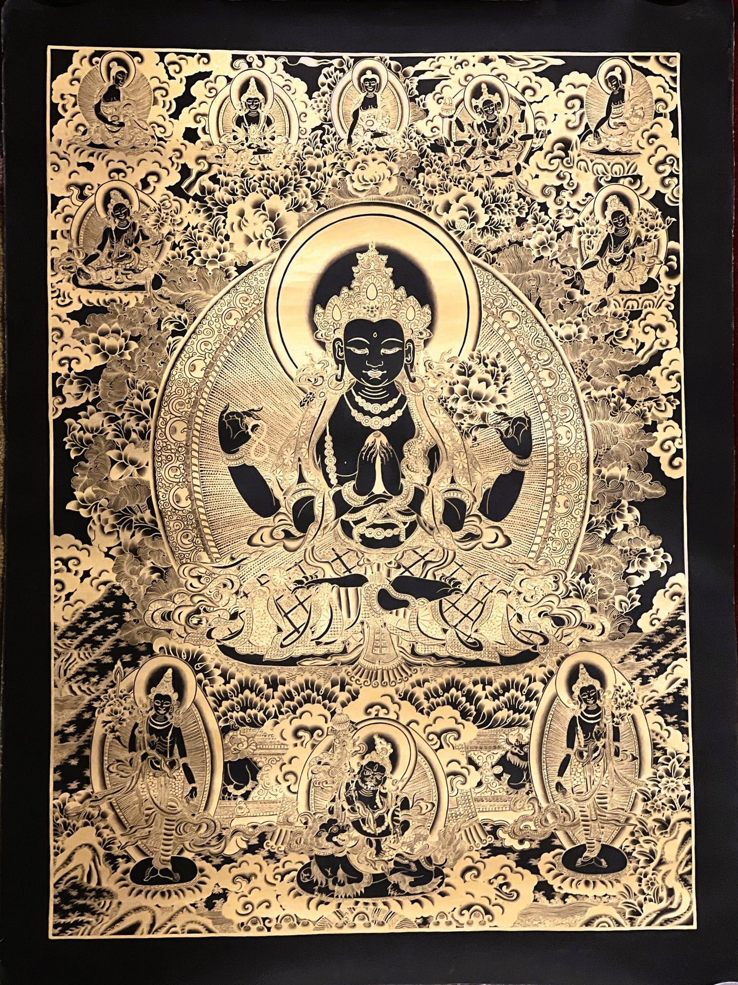4 -Armed Chyangresi Chenrezig Avalokiteshvara Original Masterpiece Tibetan Thangka Painting Compassion Meditation Art in Black and Gold