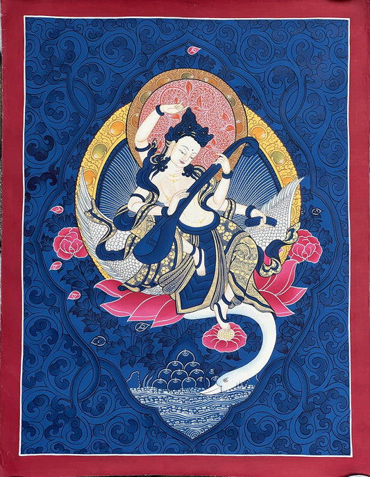 Goddess Saraswoti Mother of Wisdom Learning and Music Hindu Buddhist Thangka Painting Original Hand-painted Art