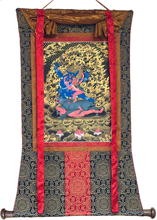 Yama Dharmaraja/Lord of Justice Master Quality Tibetan Thangka Painting, Original Hand Painted Meditation Art with Premium Silk Brocade