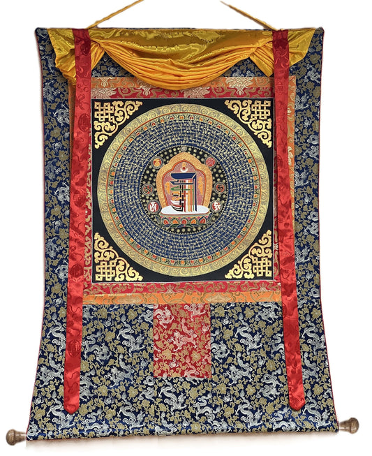 Sacred Symbol Kalachakra Wheel of Time Mantra Mandala Meditation Thangka Painting Wall Hanging/Home Décor Original Art with Silk Brocade