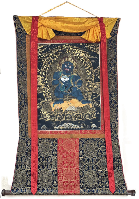 Black Jambhala/  Dzambhala/ Dzambala/ Zambala/ Jambala/ Kuber Masterpiece Tibetan Thangka Painting Original Hand-painted Art with Silk Frame