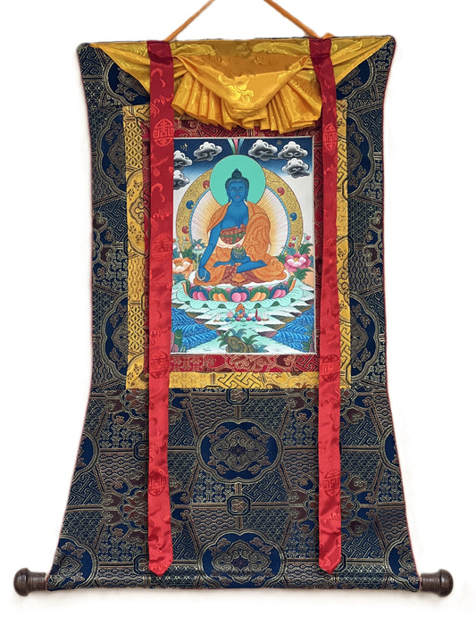 Bhaisajyaguru Medicine Buddha Master Heraler  High-Quality Masterpiece Tibetan Thangka Painting Original Art  with Premium Silk Frame
