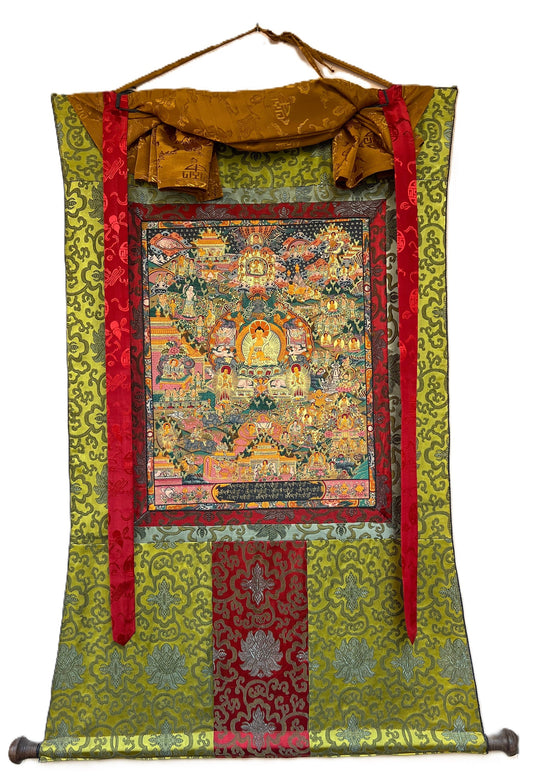 Buddha Life/  Wheel of Life/ Bhavacakra Mandala Tibetan Thangka Painting, Original Art  with Silk Brocade