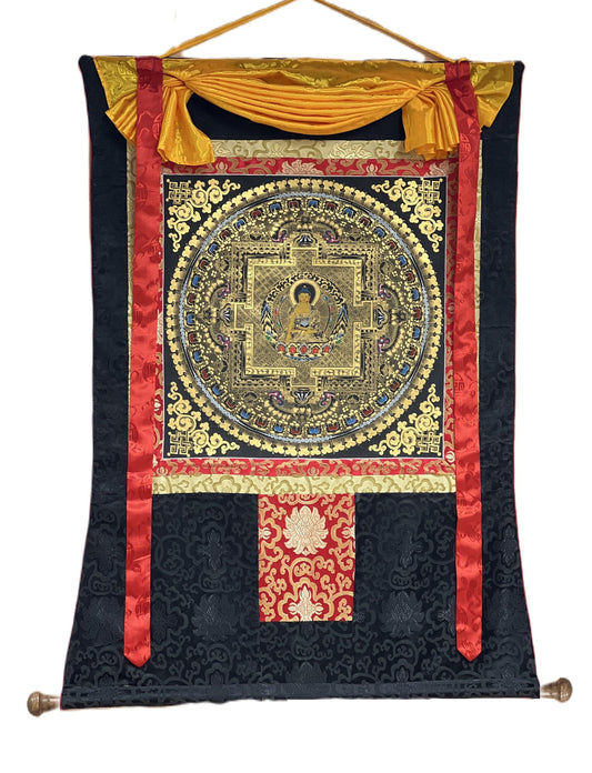Shakyamuni Buddha Mandala Black and Gold Tibetan Thangka Painting Original Hand-Paining/Meditation Art/ Wall Hanging with Silk Brocade