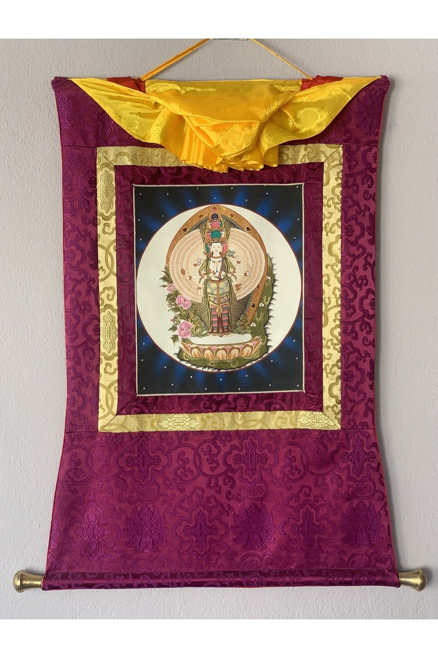 1000 Armed Avalokiteshvara, Chyangresi, Chenrezig, Thangka Painting, Original Art, with Silk Brocade - Tibetan Thangka Art