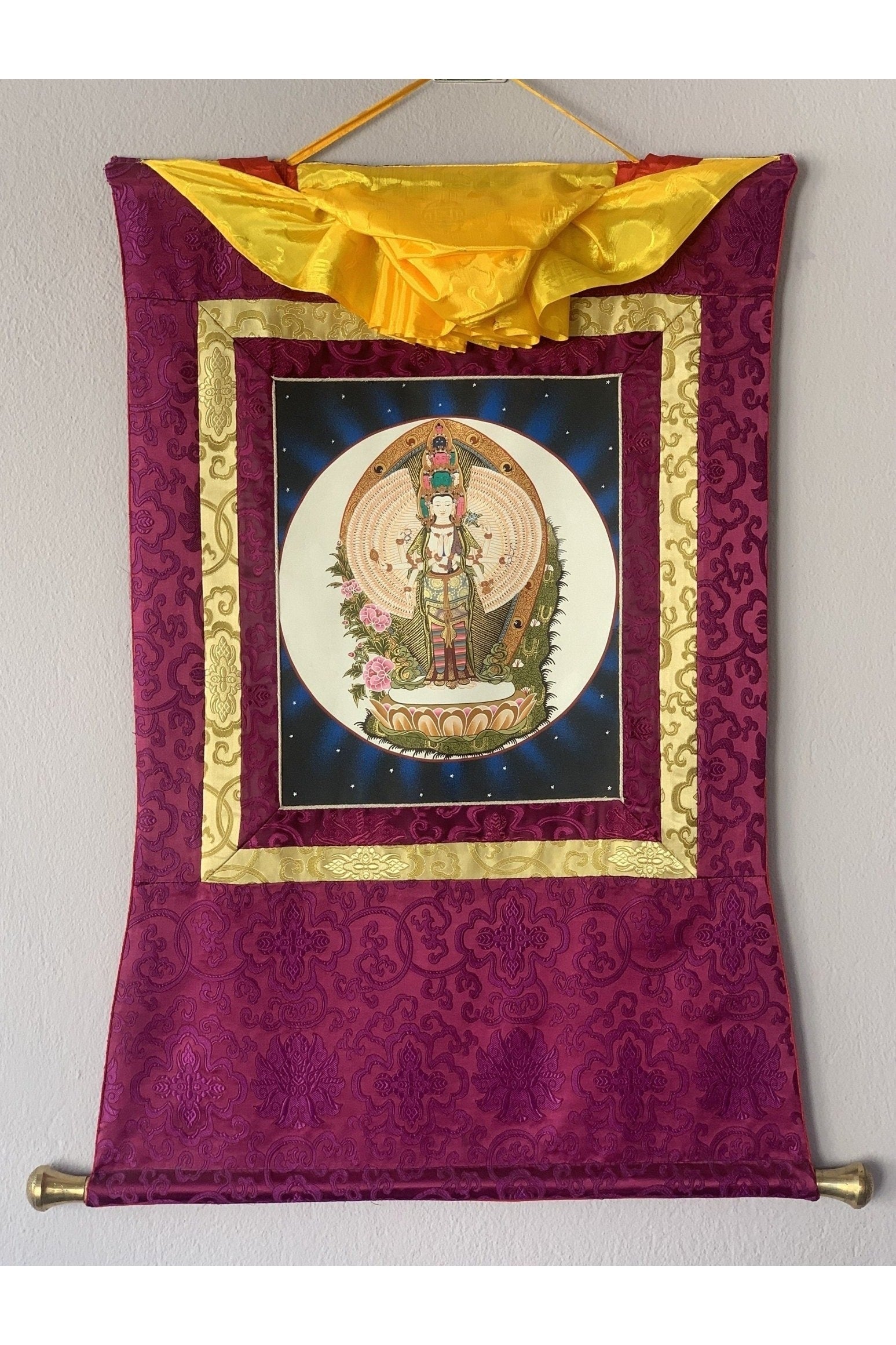 1000 Armed Avalokiteshvara, Chyangresi, Chenrezig, Thangka Painting, Original Art, with Silk Brocade - Tibetan Thangka Art