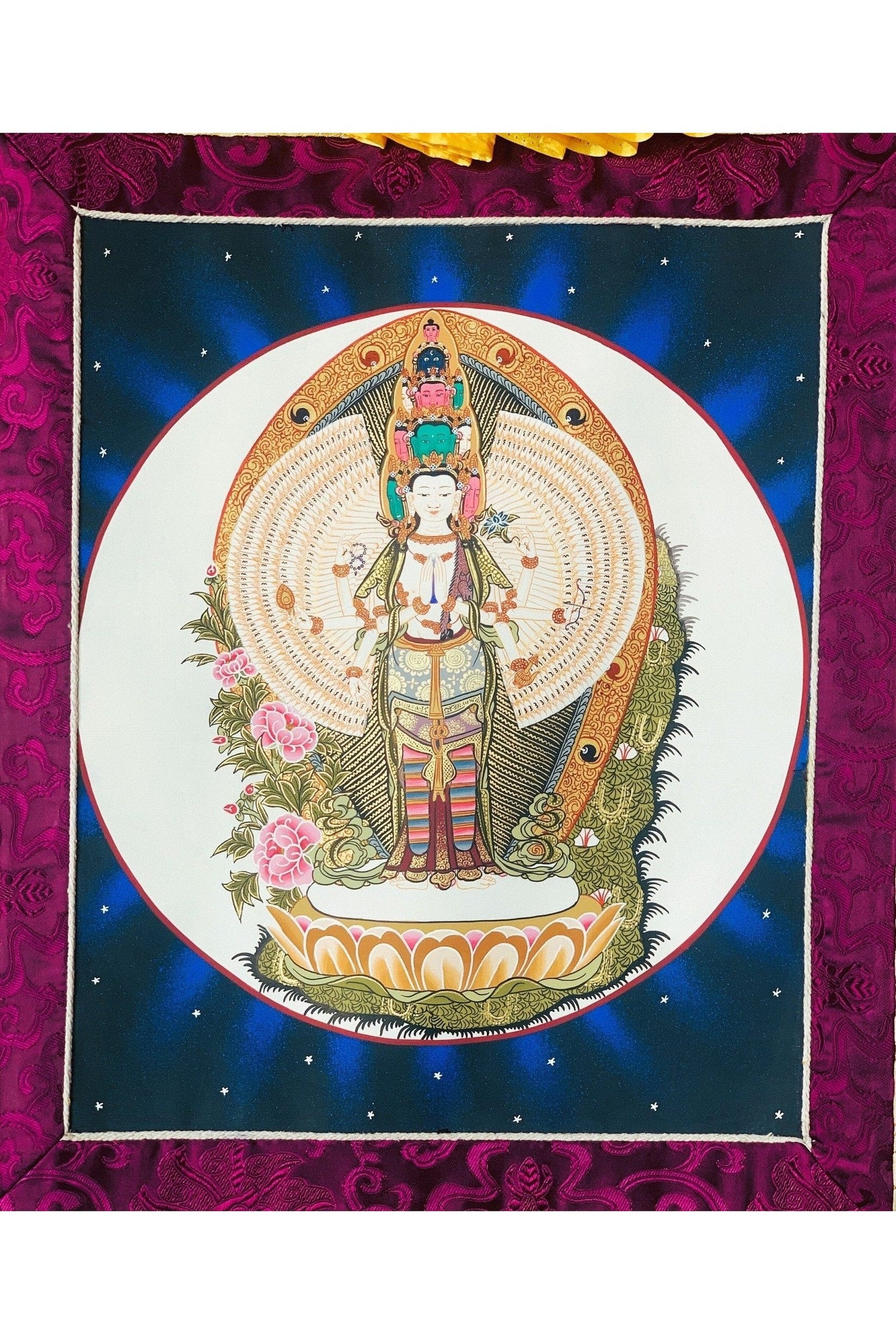 1000 Armed Avalokiteshvara, Chyangresi, Chenrezig, Thangka Painting, Original Art, with Silk Brocade - Tibetan Thangka Art