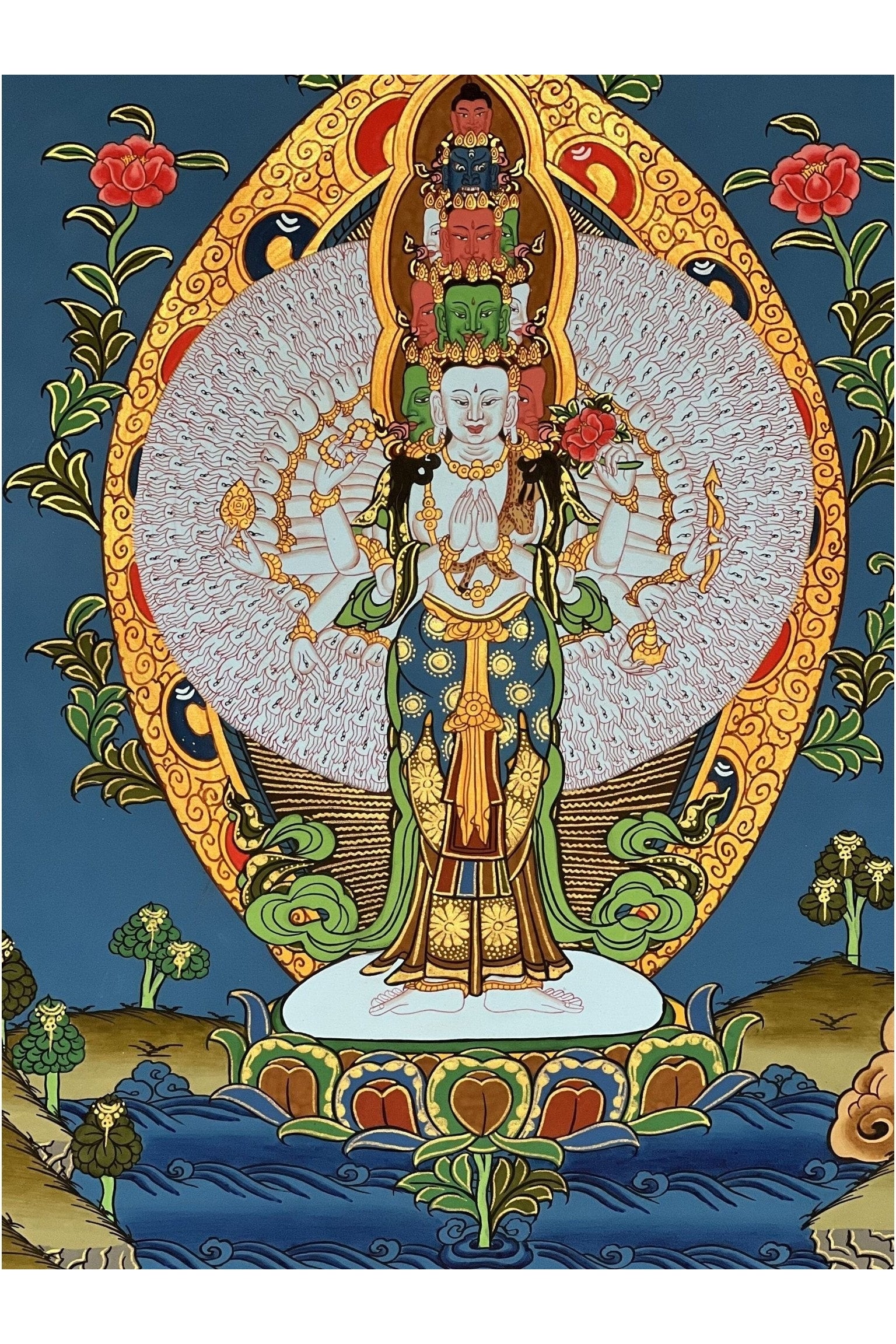 1000 - ARMED Bodhisattva Avalokitesvara/ Lokeshwor/ God of Compassion Original Tibetan Thangka Art/ Hand - Painting for Peace and Wellbeing - Tibetan Thangka Art
