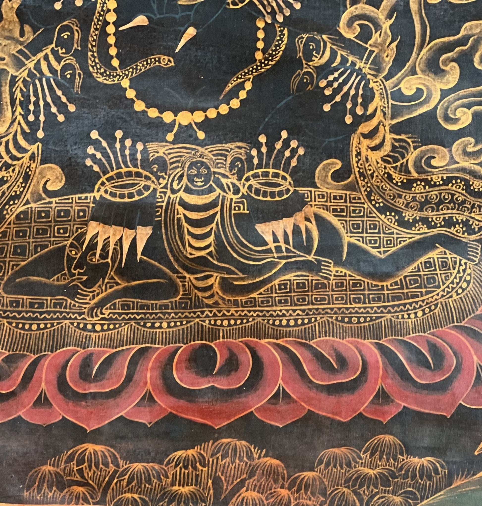 2 Armed Black Mahakala/Mahankala/ Dharma Defender/ Protector Oil - Varnished Old Tibetan Thangka Painting - Tibetan Thangka Art
