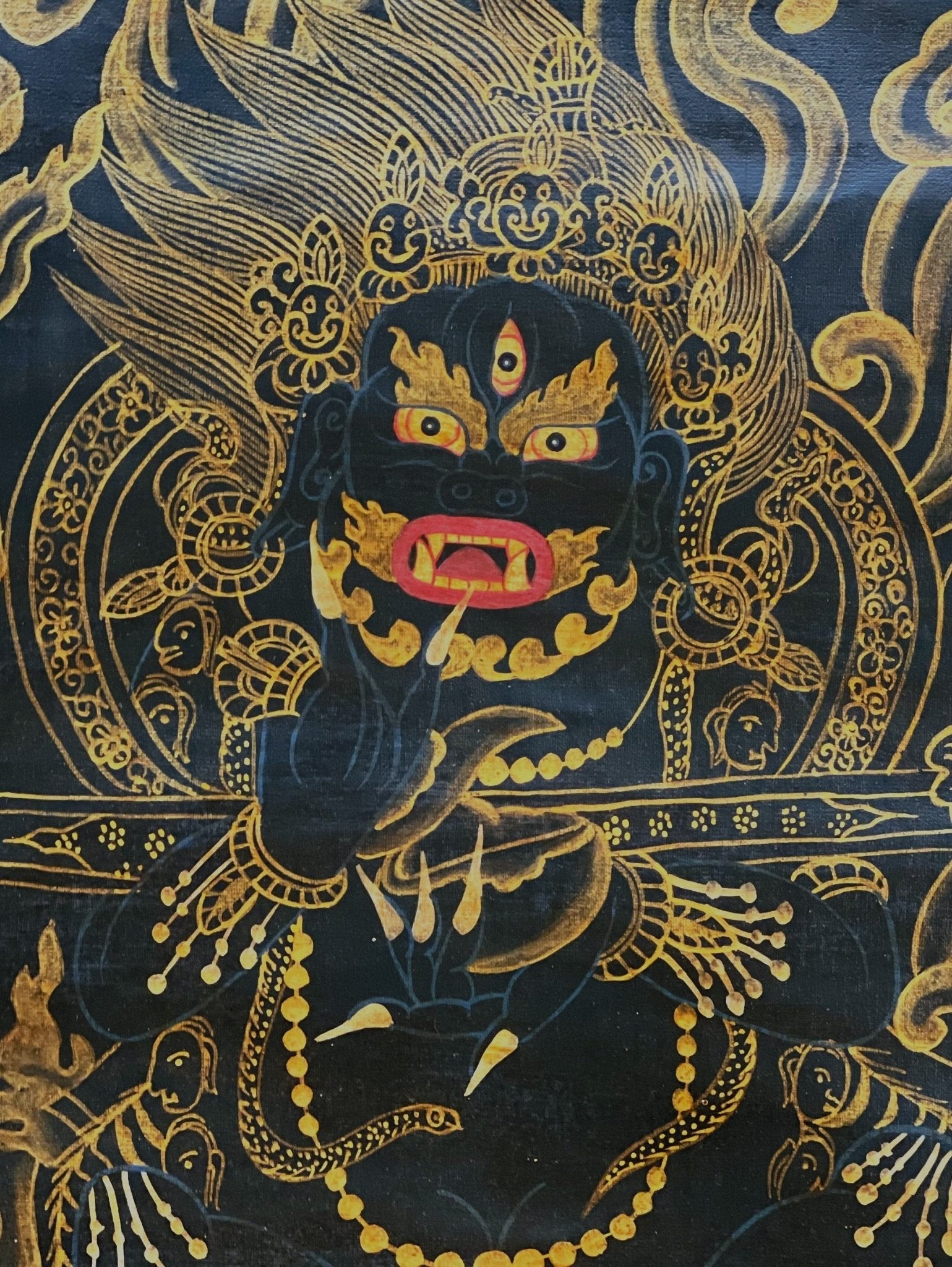 2 Armed Black Mahakala/Mahankala/ Dharma Defender/ Protector Oil - Varnished Old Tibetan Thangka Painting - Tibetan Thangka Art