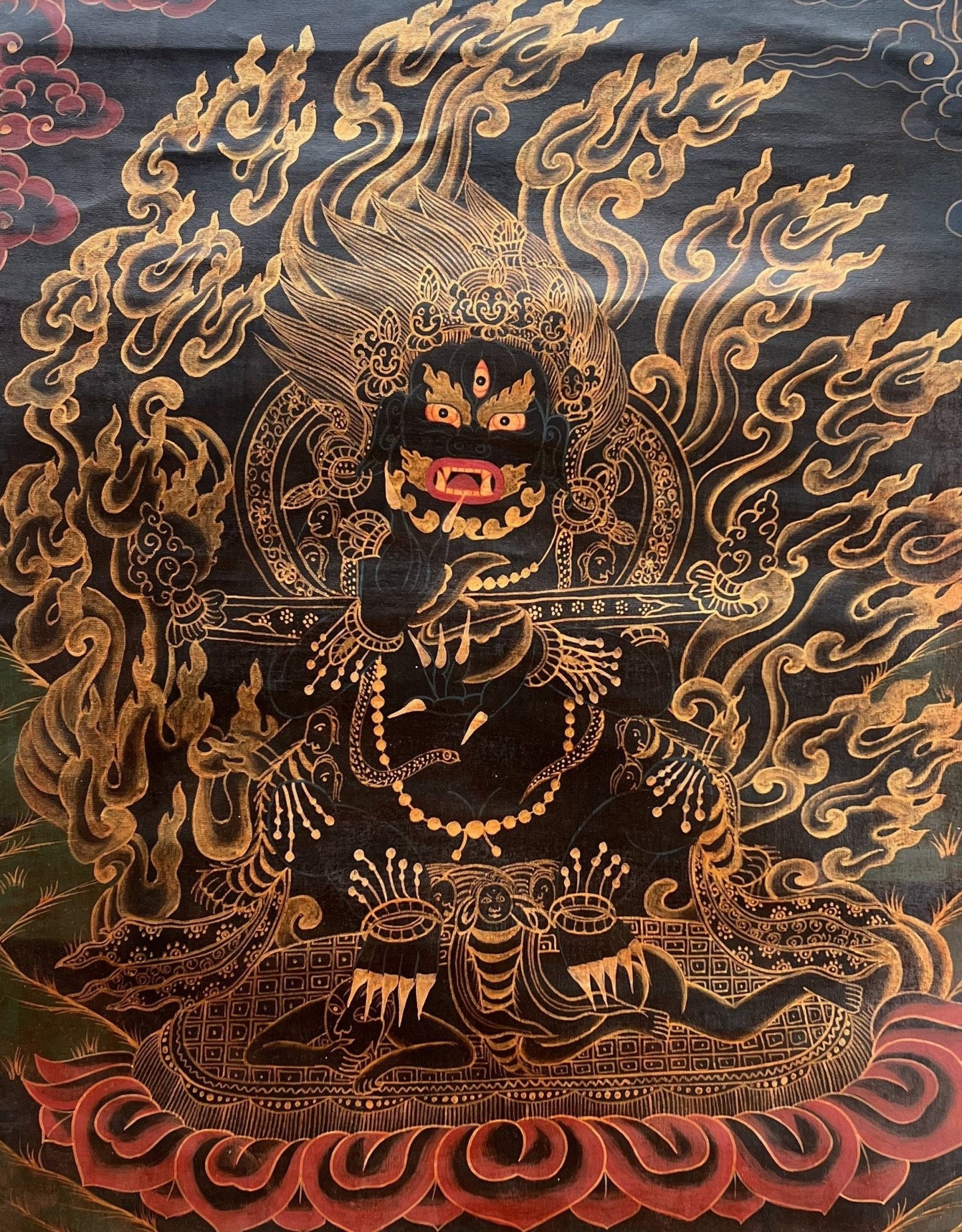2 Armed Black Mahakala/Mahankala/ Dharma Defender/ Protector Oil - Varnished Old Tibetan Thangka Painting - Tibetan Thangka Art