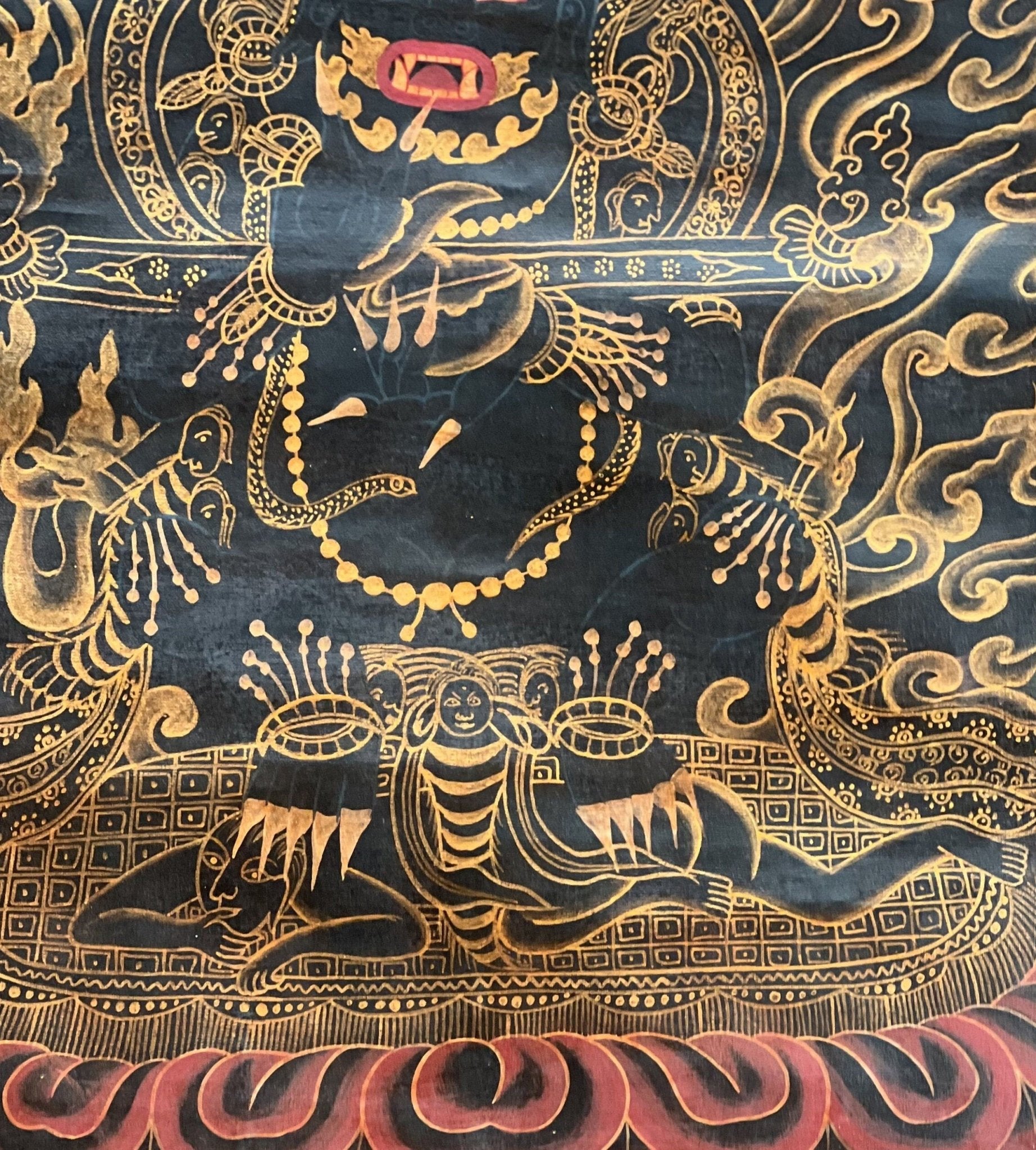 2 Armed Black Mahakala/Mahankala/ Dharma Defender/ Protector Oil - Varnished Old Tibetan Thangka Painting - Tibetan Thangka Art