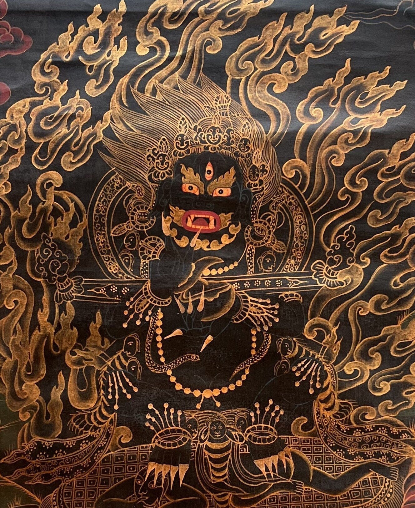 2 Armed Black Mahakala/Mahankala/ Dharma Defender/ Protector Oil - Varnished Old Tibetan Thangka Painting - Tibetan Thangka Art