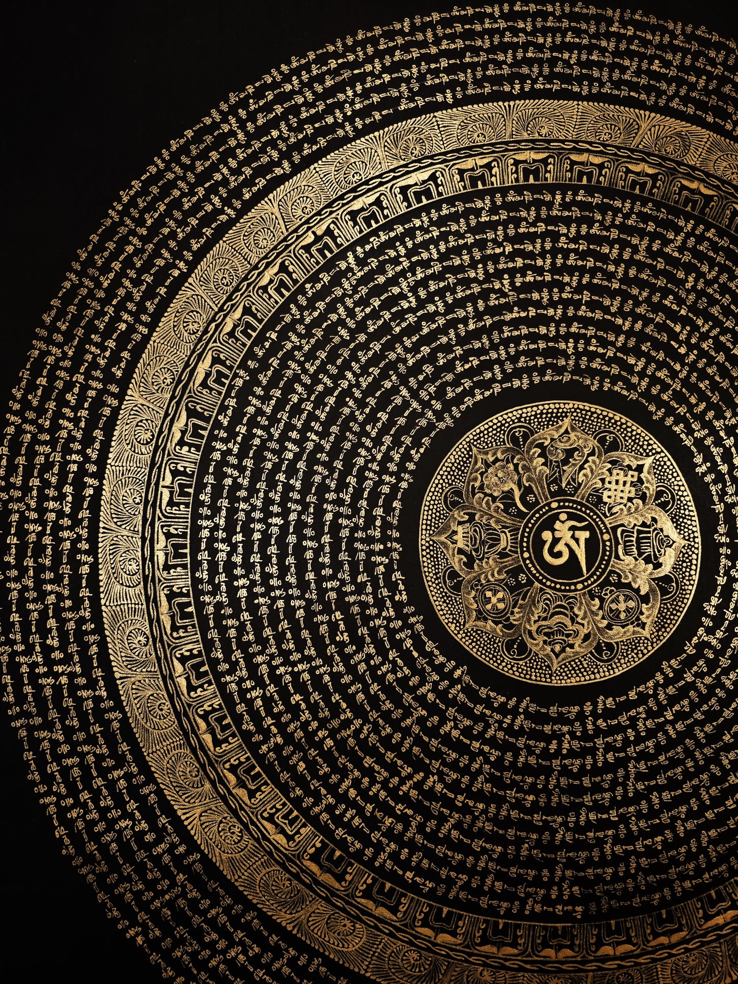 Tibetan Om/ Om Mani Padme Hum Mantra Mandala Wheel of Life  Black and Gold Original Thangka Painting /Meditation Art/Wall Hanging (Copy)