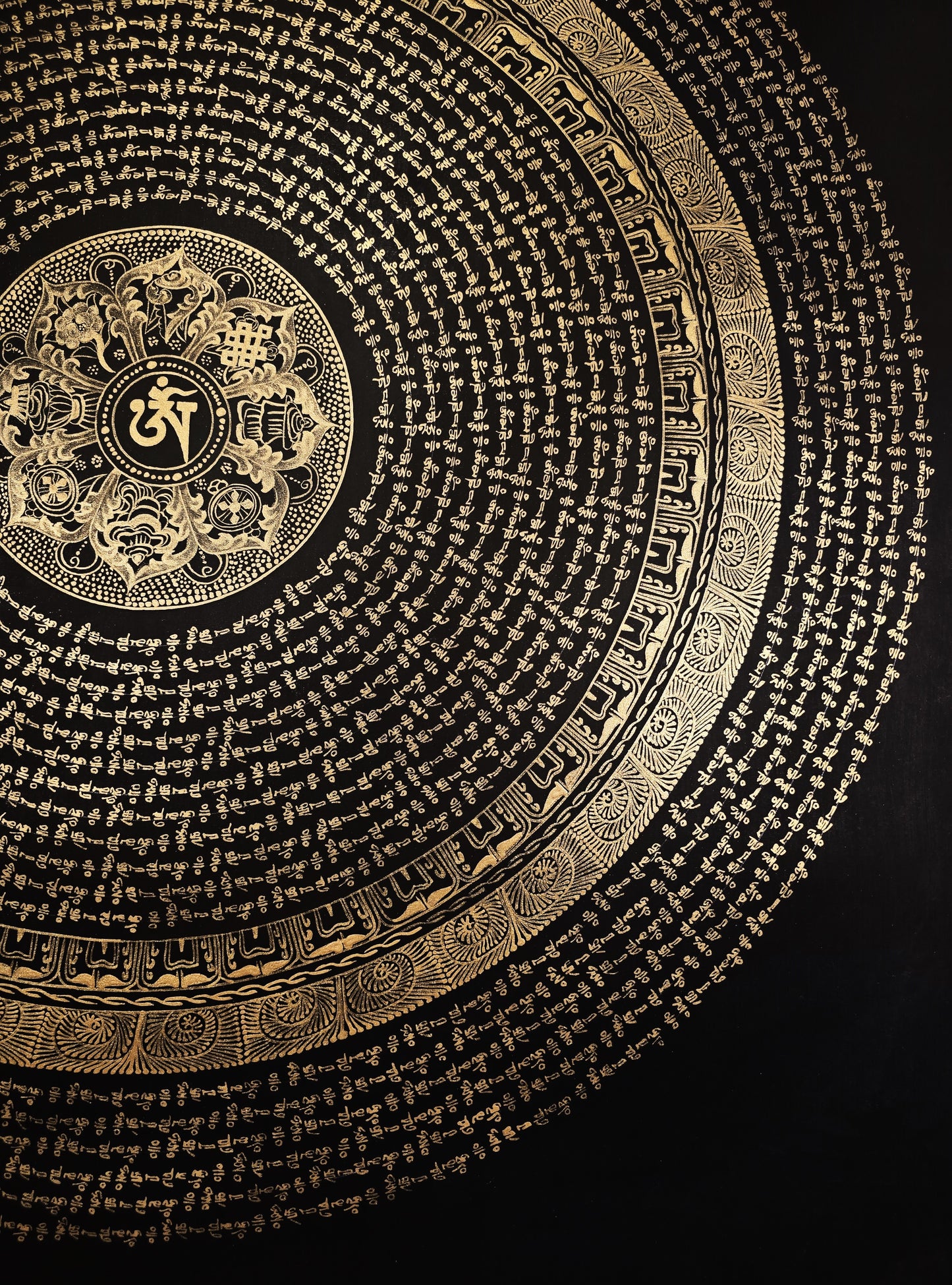 Tibetan Om/ Om Mani Padme Hum Mantra Mandala Wheel of Life  Black and Gold Original Thangka Painting /Meditation Art/Wall Hanging (Copy)