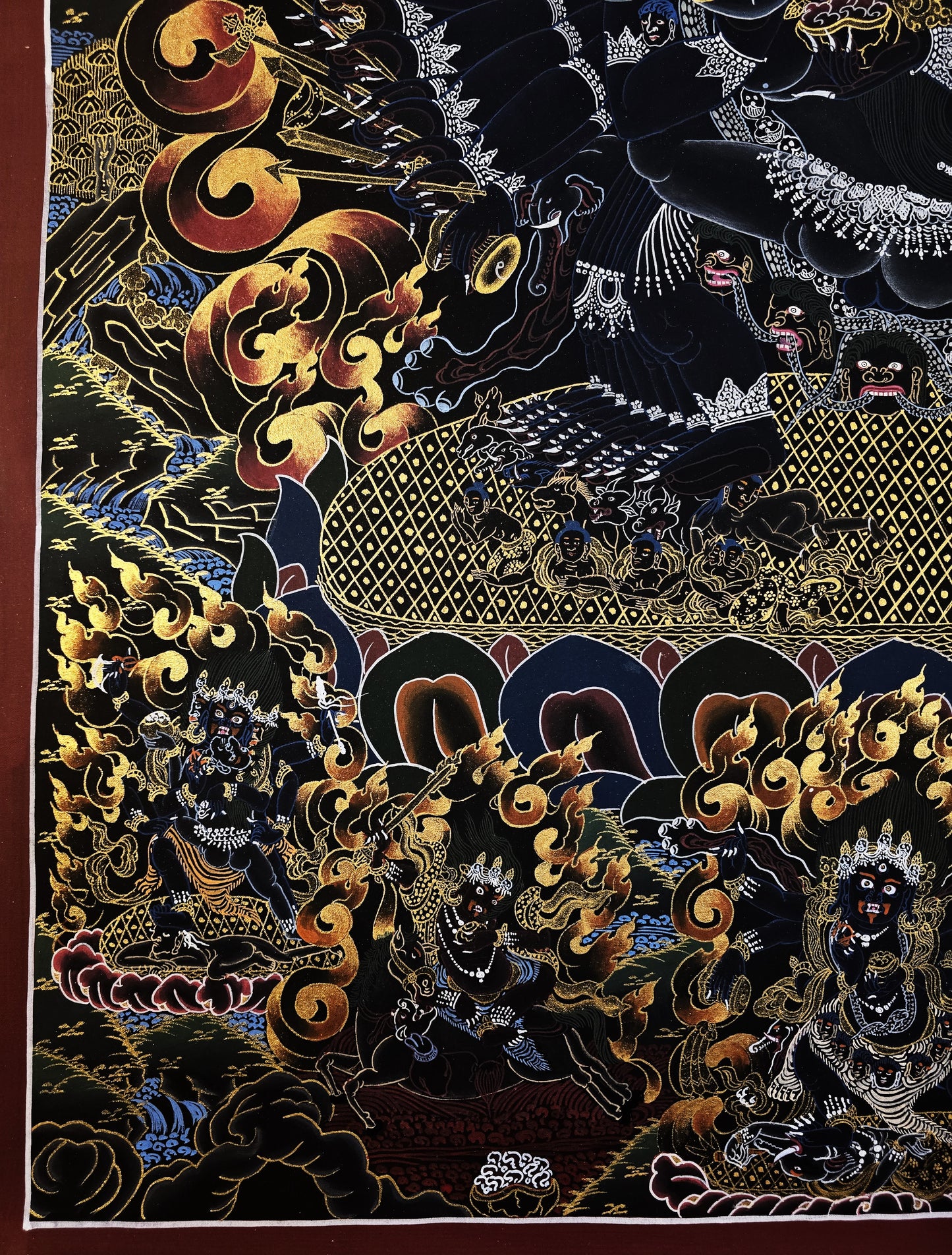 Hand Painted Original Yamantaka with Consort Shakti Masterpiece Smoky Tibetan Thangka Painting/ Wall Hanging/ Compassion Meditation Art