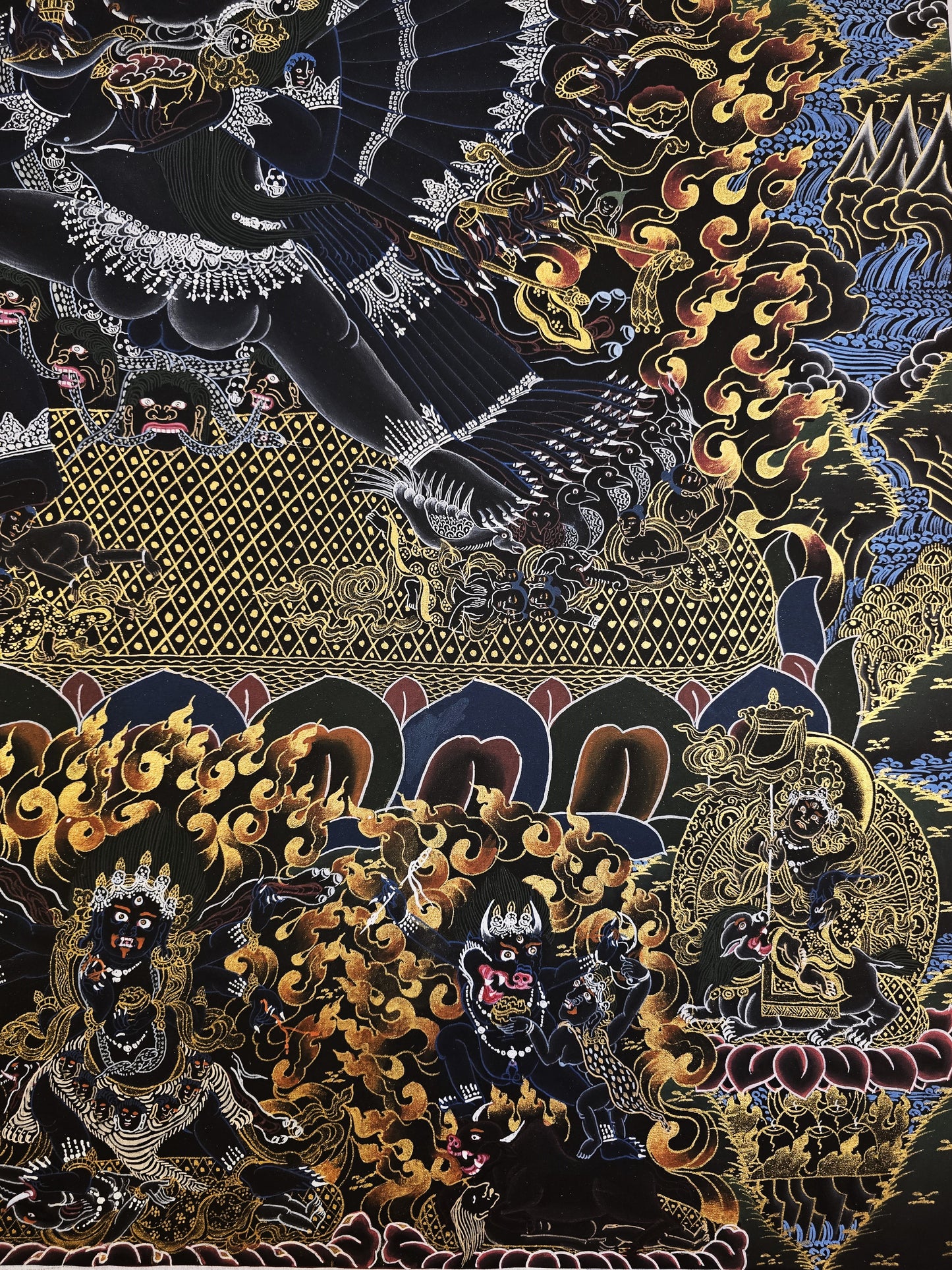 Hand Painted Original Yamantaka with Consort Shakti Masterpiece Smoky Tibetan Thangka Painting/ Wall Hanging/ Compassion Meditation Art