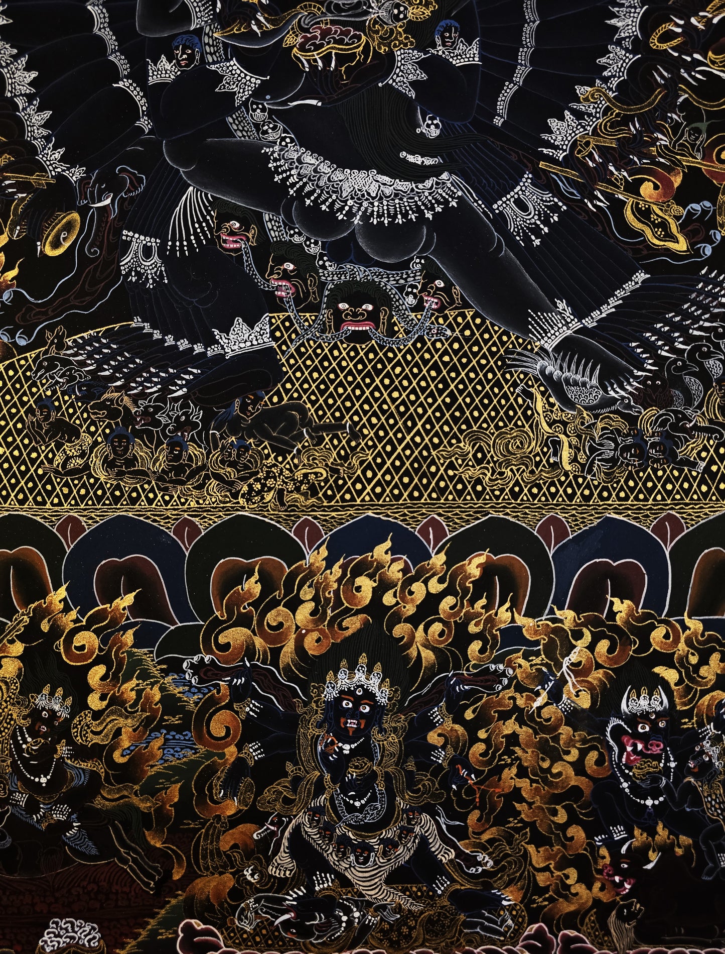 Hand Painted Original Yamantaka with Consort Shakti Masterpiece Smoky Tibetan Thangka Painting/ Wall Hanging/ Compassion Meditation Art