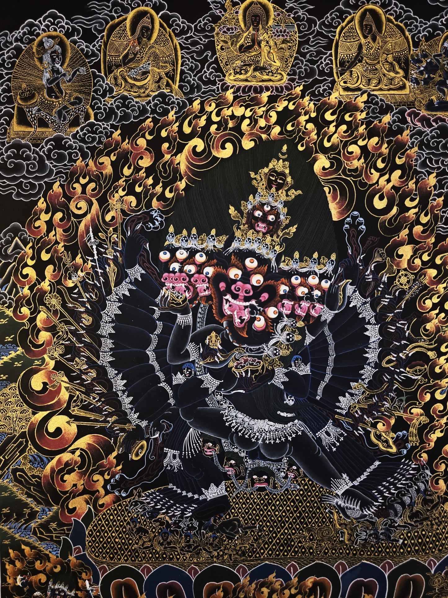 Hand Painted Original Yamantaka with Consort Shakti Masterpiece Smoky Tibetan Thangka Painting/ Wall Hanging/ Compassion Meditation Art