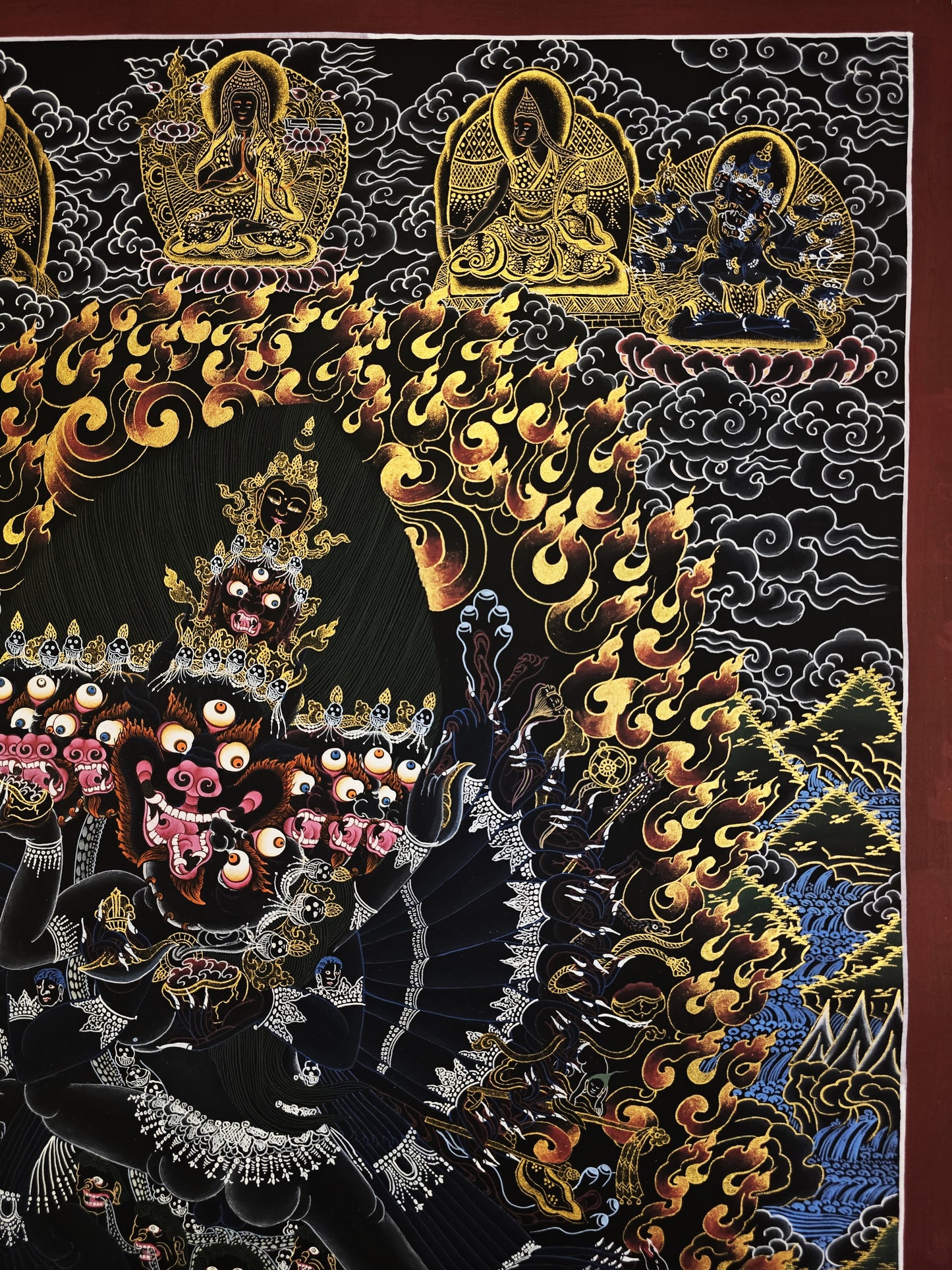 Hand Painted Original Yamantaka with Consort Shakti Masterpiece Smoky Tibetan Thangka Painting/ Wall Hanging/ Compassion Meditation Art