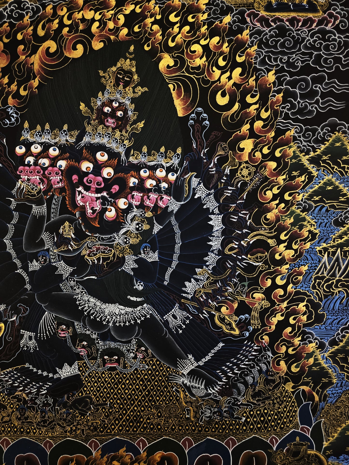 Hand Painted Original Yamantaka with Consort Shakti Masterpiece Smoky Tibetan Thangka Painting/ Wall Hanging/ Compassion Meditation Art