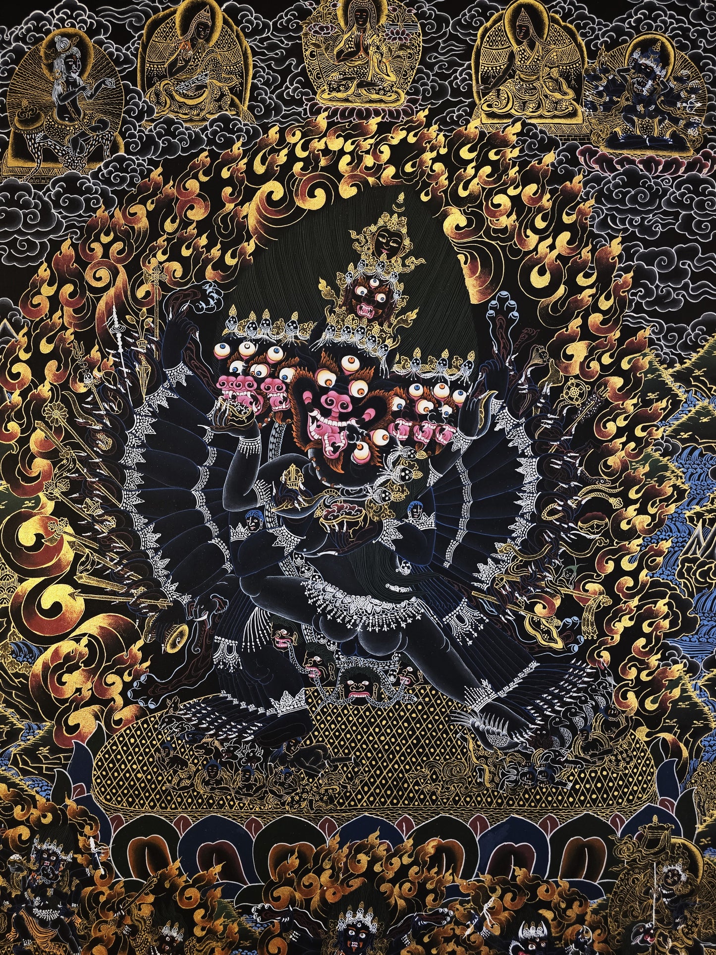 Hand Painted Original Yamantaka with Consort Shakti Masterpiece Smoky Tibetan Thangka Painting/ Wall Hanging/ Compassion Meditation Art