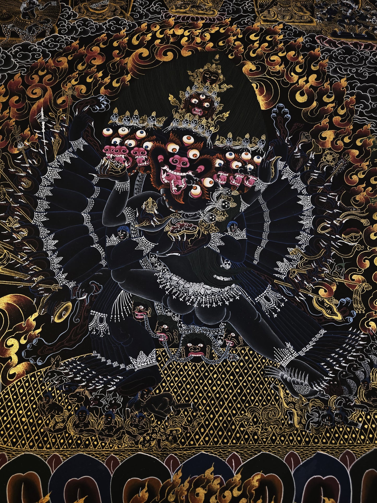 Hand Painted Original Yamantaka with Consort Shakti Masterpiece Smoky Tibetan Thangka Painting/ Wall Hanging/ Compassion Meditation Art