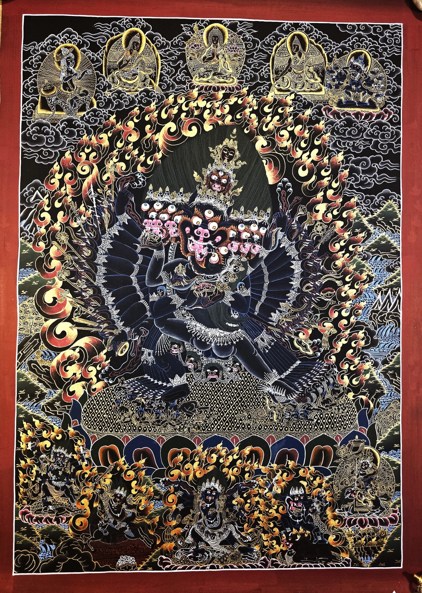 Hand Painted Original Yamantaka with Consort Shakti Masterpiece Smoky Tibetan Thangka Painting/ Wall Hanging/ Compassion Meditation Art